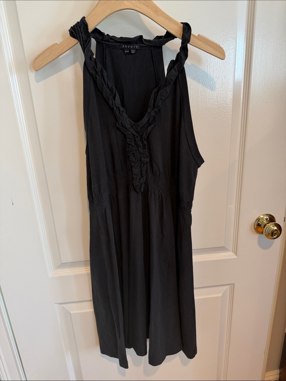 Theory Black Sleeveless Ruffled V-neck Cotton Dress